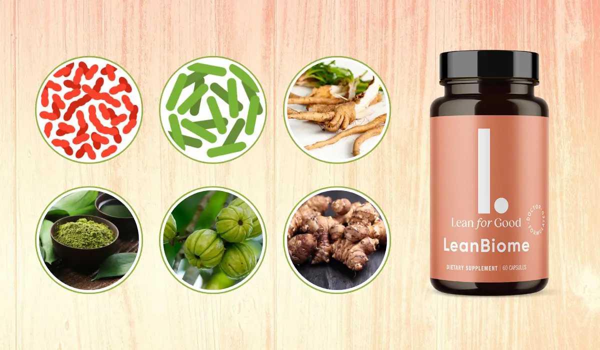 LeanBiome probiotic strains and natural ingredients alongside the supplement bottle