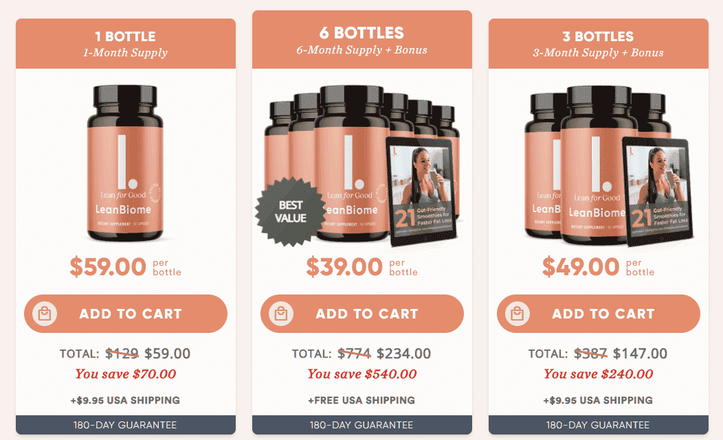 LeanBiome package options: 1 bottle, 3 bottles and 6 bottles