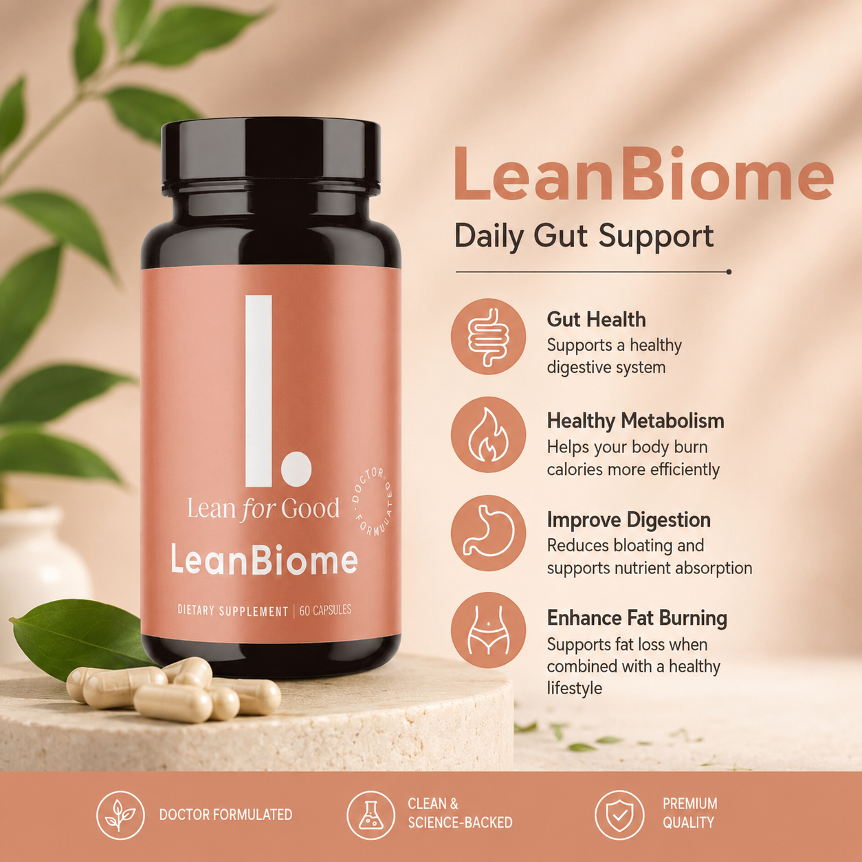 LeanBiome daily gut support bottle with gut health, metabolism, digestion and fat burning highlights